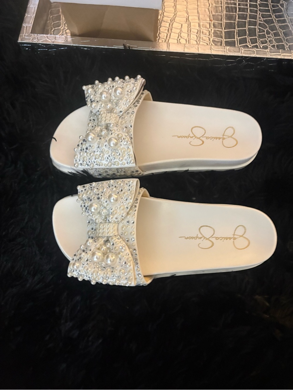 Jessica Simpson Ivory Pearl & Crystal Bow Slide Sandals